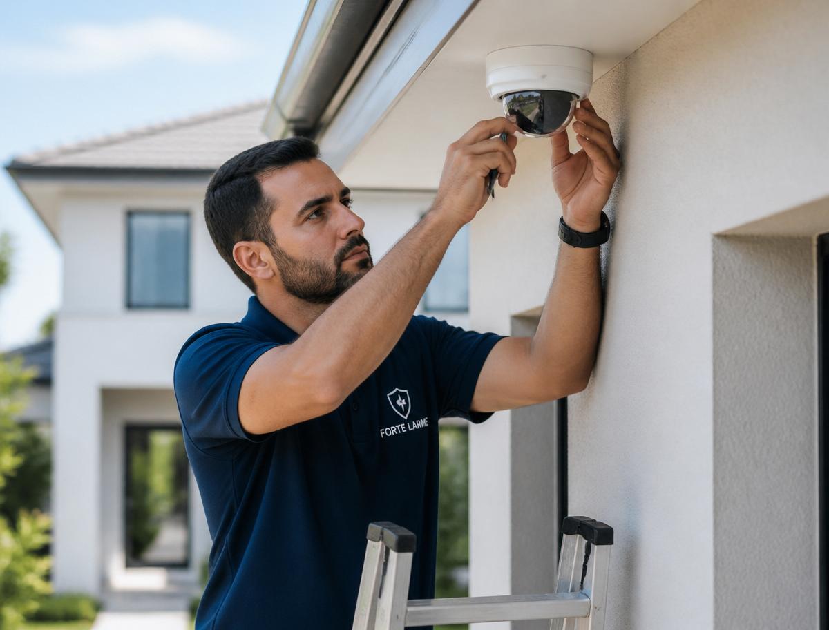 Técnico Forte Larme instalando câmera de segurança em residência